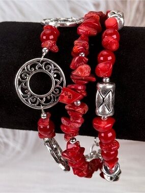 Three strand Silvertone, red accent, bead, toggle clasp bracelet